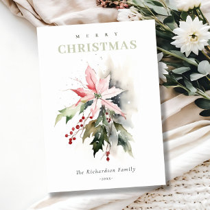Cartão De Festividades Poinsettia Berries Foliage Watercolor