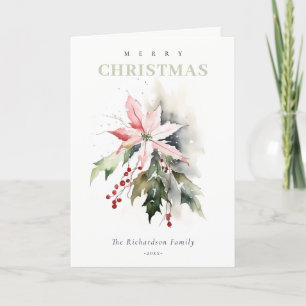 Cartão De Festividades Poinsettia Berries Foliage Watercolor