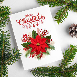 Cartão De Festividades Poinsettia Berries Ornaments Merry Christmas
