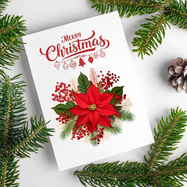 Cartão De Festividades Poinsettia Berries Ornaments Merry Christmas (Criador carregado)