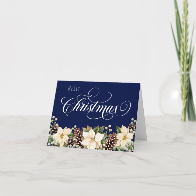 Cartão De Festividades Poinsettia branca dobrada azul (Frente)