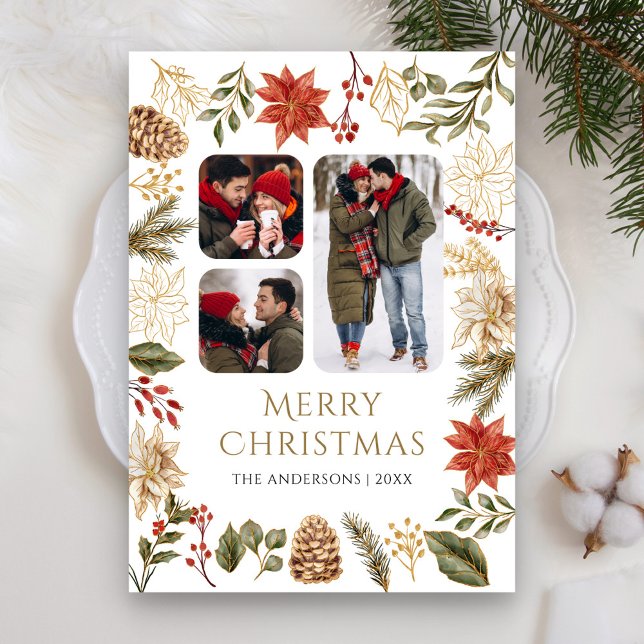 Cartão De Festividades Poinsettia Floral 3 Foto Colagem Natal (Criador carregado)
