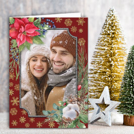 Cartão De Festividades Poinsettia Floral Dourada Flocos de Neve Natal