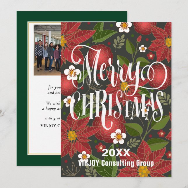 Cartão De Festividades Poinsettia Floral Elegant Script Photo Business (Frente/Verso)