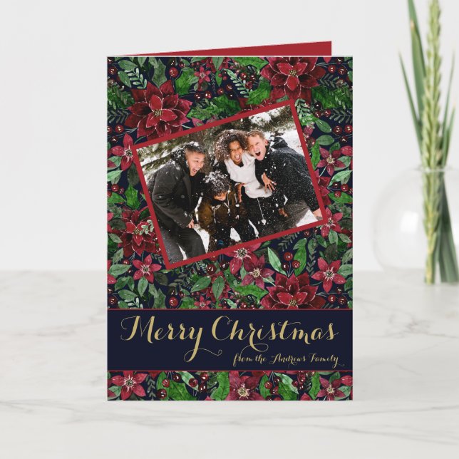 Cartão De Festividades Poinsettia Floral Watercolor Foto Natal (Frente)