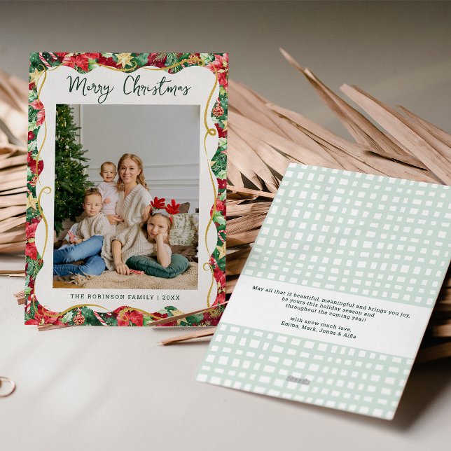 Cartão De Festividades Poinsettia Greenery Pattern Feliz Foto de Natal (Criador carregado)