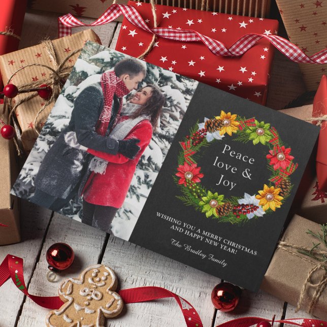 Cartão De Festividades Poinsettia Holly Berries Foto de Natal (Criador carregado)