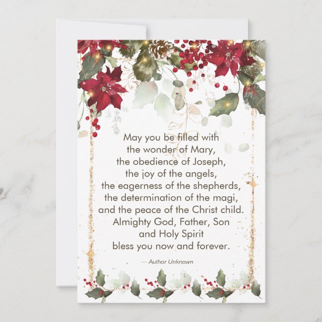 Cartão De Festividades Poinsettia Holly Christmas Prayer Holiday Card (Frente)
