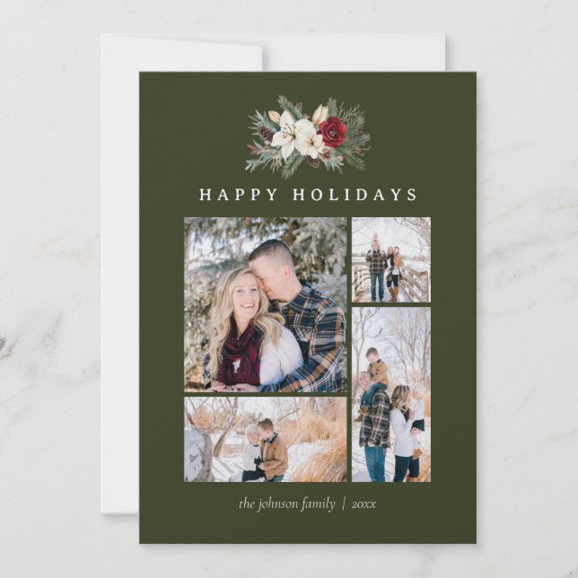 Cartão De Festividades Poinsettia & Lily 5 Photo Collage Rustic Christmas (Frente)
