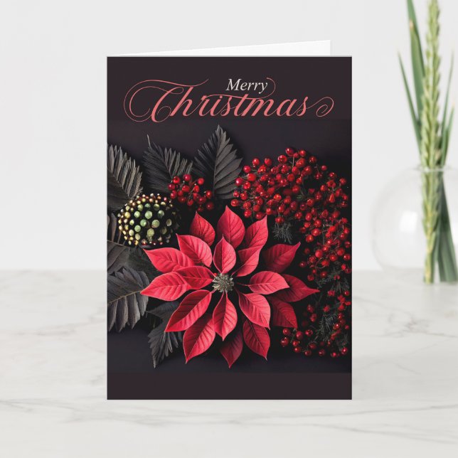 Cartão De Festividades Poinsettia Natal em Blackh Bold Red Berries (Frente)