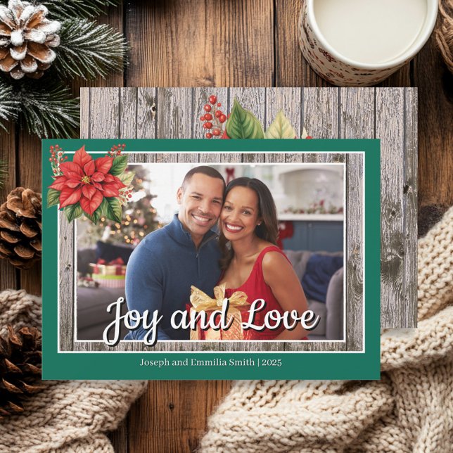Cartão De Festividades Poinsettia Rustic Wood Green Family Photo (Emerald green photo "Love and Joy" Christmas greeting card with poinsettia in the corner. )