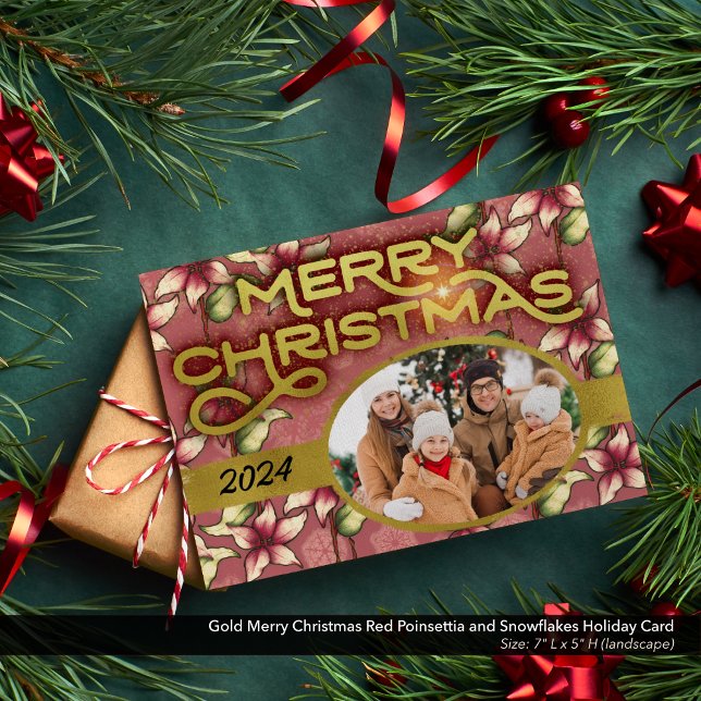 Cartão De Festividades Poinsettia Vermelha Natal Feliz e Flocos de Neve D (Gold Lettering Merry Christmas Photo Card with Red Poinsettias and Snowflakes)