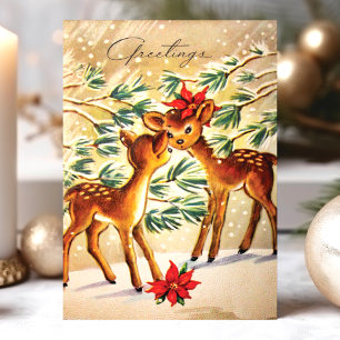 Cartão De Festividades Poinsettia Vintage Veado Na Neve Natal