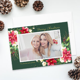Cartão De Festividades Poinsettia Watercolor Foto Verde Floral