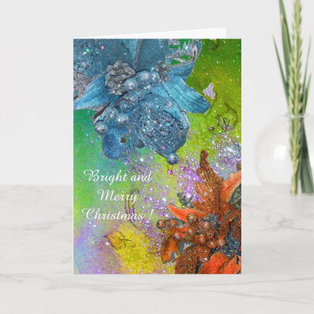 CARTÃO DE FESTIVIDADES POINSETTIAS AZUIS VERMELHAS,XMAS ESTRELAS EM ESPUM (Frente)