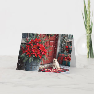 Cartão De Festividades Poinsettias de Natal e Gato Branco no Tapete de Po