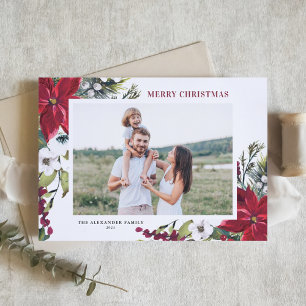 Cartão De Festividades Poinsettias e Fir deixam uma feliz foto de Natal
