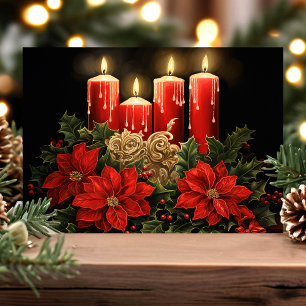 Cartão De Festividades Poinsettias e Velas Festivas de Natal