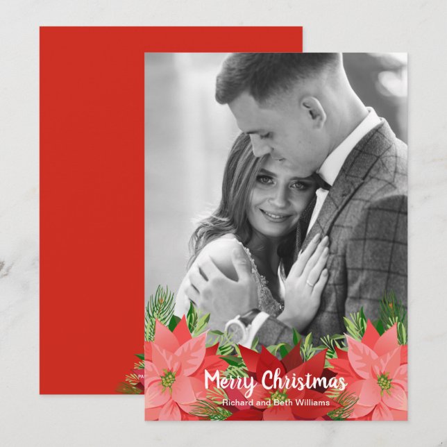 Cartão De Festividades Poinsettias Foto de Natal Floral (Frente/Verso)