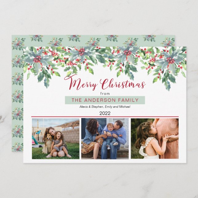 Cartão De Festividades Poinsettias Holly Greenery Feliz Natal 3 Foto (Frente/Verso)