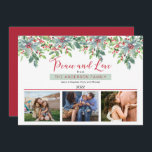 Cartão De Festividades Poinsettias Holly Greenery Peace and Love 3 Foto<br><div class="desc">Boho três foto "Peace and Love" vermelha, horta e verde-escura colorido de água e bagas design de feriado floral. Basta adicionar suas fotos e seu nome de família, nomes e o ano na frente e você está pronto. A parte de trás apresenta um fundo vermelho de morango. Design composto por...</div>