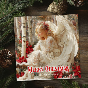 Cartão De Festividades Poinsettias vermelhas anjo lindo vintage natal 