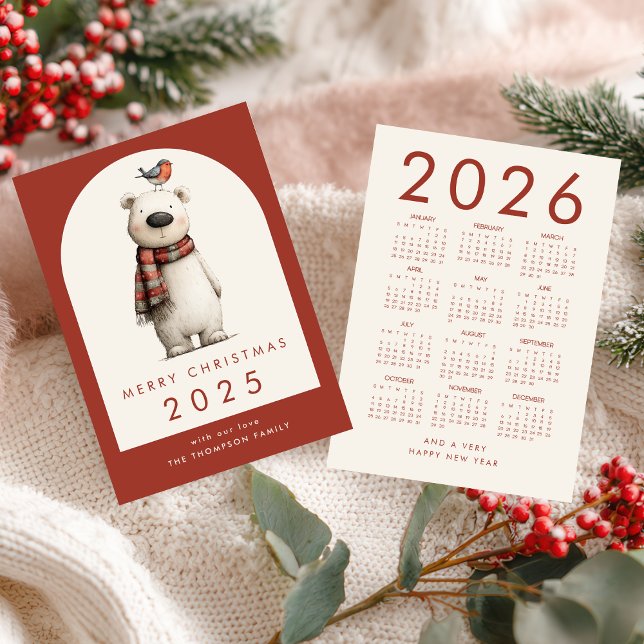 Cartão De Festividades Polar Bear 2026 Calendar Merry Christmas (front and back view)