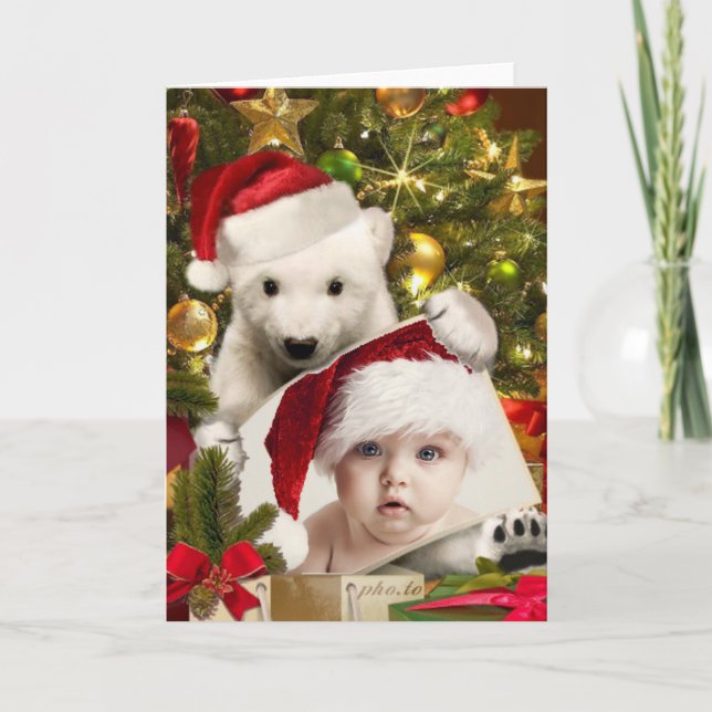 Cartão De Festividades Polar Bear Cub segurando sua foto no Natal (Frente)