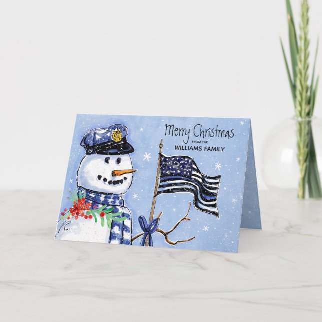 Cartão De Festividades Policial Fino Blue Line Flag Feliz Natal Snowman (Frente)