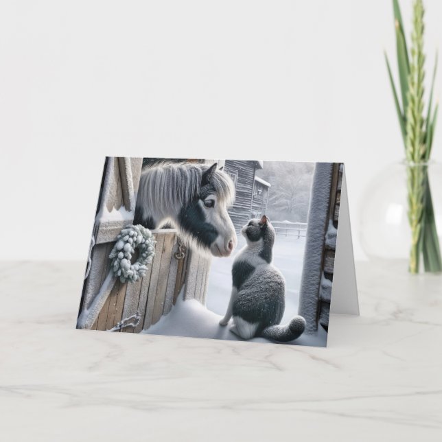 Cartão De Festividades Pônea e Gato da Fazenda de Natal (Frente)