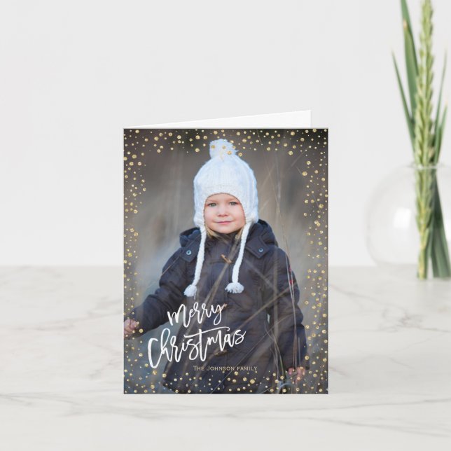 Cartão De Festividades Ponto de ouro moderno com letra branca Natal (Frente)