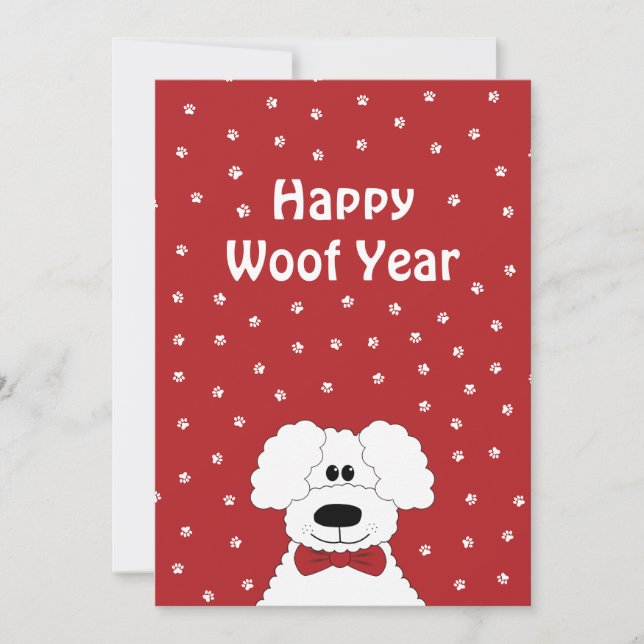 Cartão De Festividades Poodle com arco "Feliz Ano de Woof" (Frente)