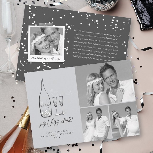 Cartão De Festividades Pop Fizz Clink Na moda Silver Champagne Foto Chic (Pop Fizz Clink Stylish Silver Champagne Chic 3 Photo Holiday Card @ fat_fa_tin)