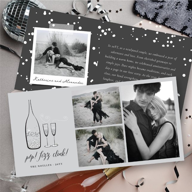 Cartão De Festividades Pop Fizz Clink Na moda Silver Champagne Foto Chic (Pop Fizz Clink Stylish Silver Champagne Chic 3 Photo Collage Holiday Card @ fat_fa_tin)