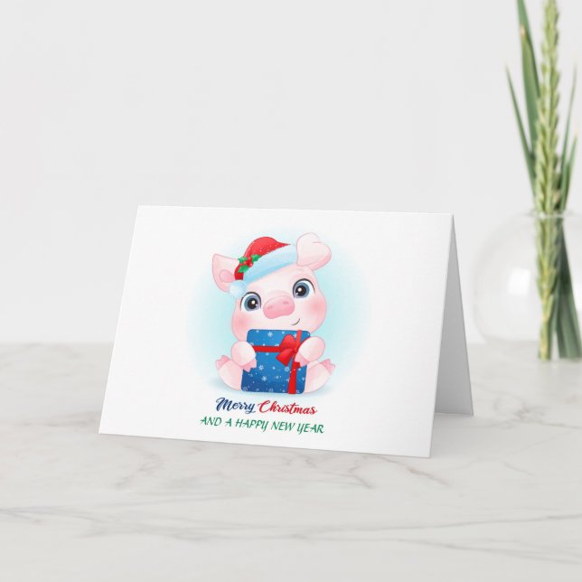 Cartão De Festividades Porco de Bebê com Aquarela de Natal bonito com San (Frente)