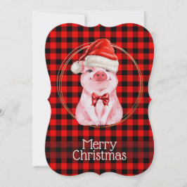 Cartão De Festividades Porco de Natal Fofo com Plaid Búfalo Vermelho Dive