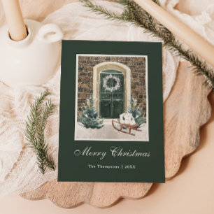 Cartão De Festividades Porta de Natal com Neve Verde Escuro