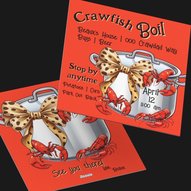 Cartão De Festividades Pote de Arranjo de Mudbug com Partido Arco e Crawf (Crawfish and bows on a boiling pot for your next mudbug adventure.  Customize the front and back)