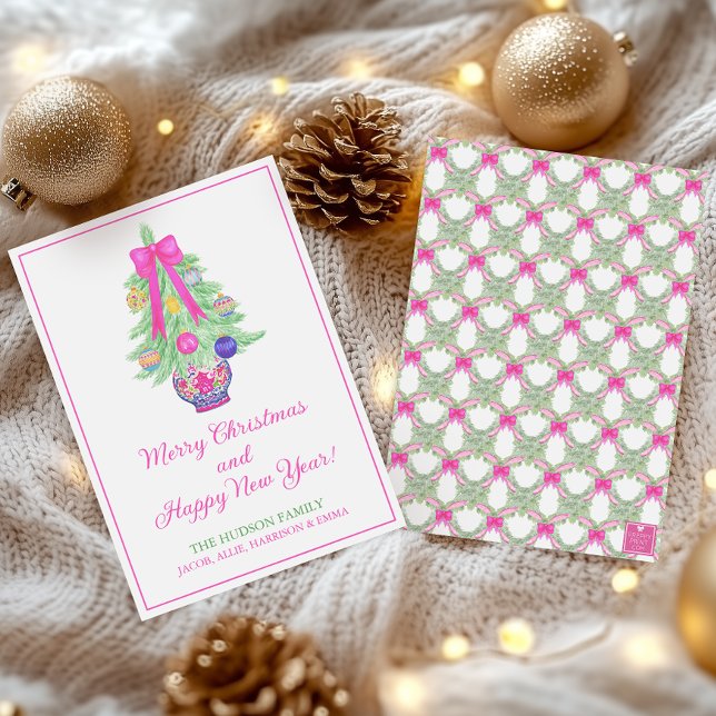 Cartão De Festividades Pote de Gengibre de Arco Rosa Quente Aquarela Árvo (Criador carregado)