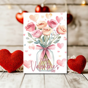 Cartão De Festividades Pote de rosa rosa suave com laço Feliz Dia dos Nam