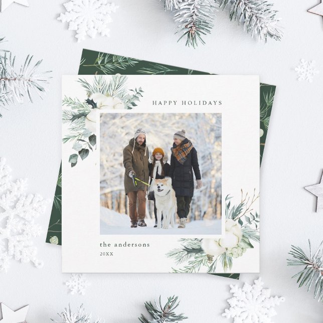 Cartão De Festividades Praça de Fotos Elegante Evergreen & Cotton Flowers (Criador carregado)