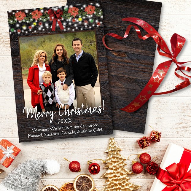 Cartão De Festividades Prado de Natal Russo com Foto das Luzes (In Situ Front/Back)