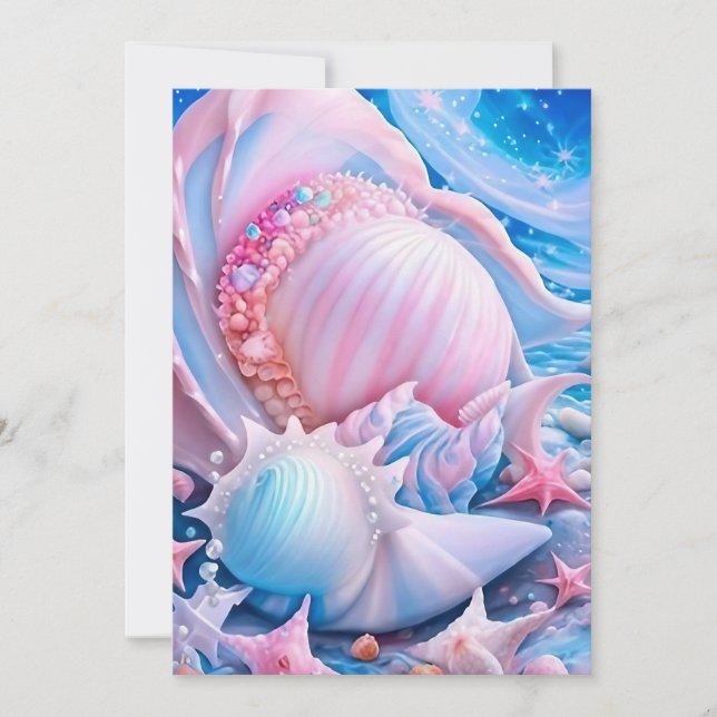 Cartão De Festividades Praia da Fantasia Azul e Rosa (Frente)