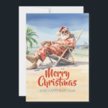 Cartão De Festividades Praia do Papai Noel Aquarela<br><div class="desc">desenho engraçado do papai noel , ilustração de desenho animado aquarela , bebida coquetel sol verão , pai cadeira festiva alegre , resort feliz areia alegre,  mar oceano feriado natal , homem xmas tropical , papai noel da praia</div>