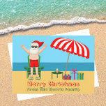 Cartão De Festividades Praia Santa Claus Fofo Natal Sunny<br><div class="desc">Este doce cartão de Natal ensolarado faz o postal perfeito para o tempo quente na piscina ou praia. Torne-o um polo norte divertido, extravaganza temerária com Papai Noel em seus troncos de natação próximos a um guarda-chuva e presentes de praia listrados e vermelhos. Nunca vi o Sr. Klaus em maiô...</div>