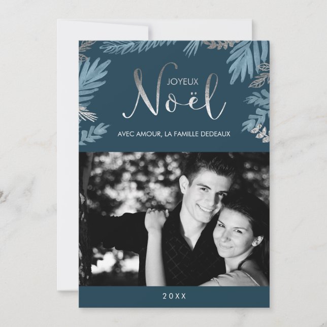 Cartão De Festividades Prata e foto de Joyeux Noël das folhas do azul (Frente)