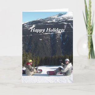 Cartão De Festividades Praticantes de snowboard com uma vista panorâmica