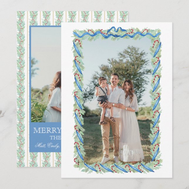 Cartão De Festividades Preppy Christmas Garland Nutcracker Candy 2 Photos (Frente/Verso)