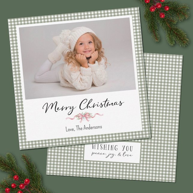 Cartão De Festividades Preppy Green Gingham Christmas Photo Card (A cute and festive green gingham plaid photo Christmas Card. Personalize with your photo and info.)