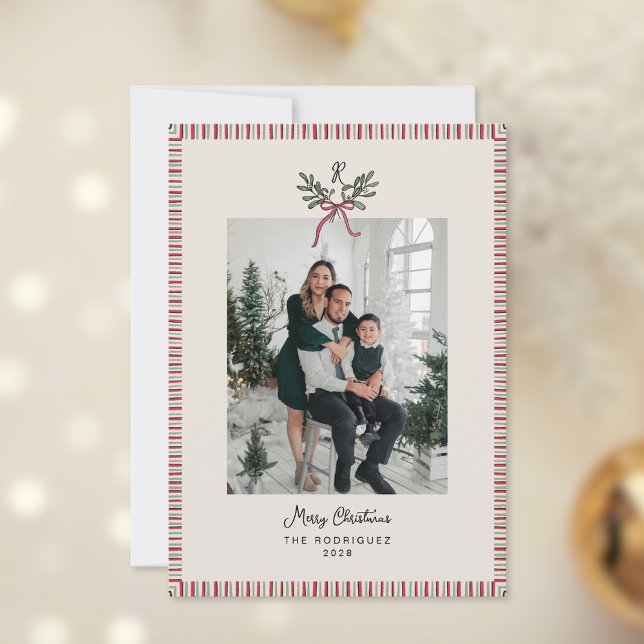 Cartão De Festividades Preppy Holiday Card with Monogram and Family Photo (Criador carregado)